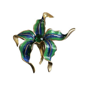Vintage Orchid Brooch Pin Enamel Green & Blue Green Rhinestone Gold Tone 2 1/4"